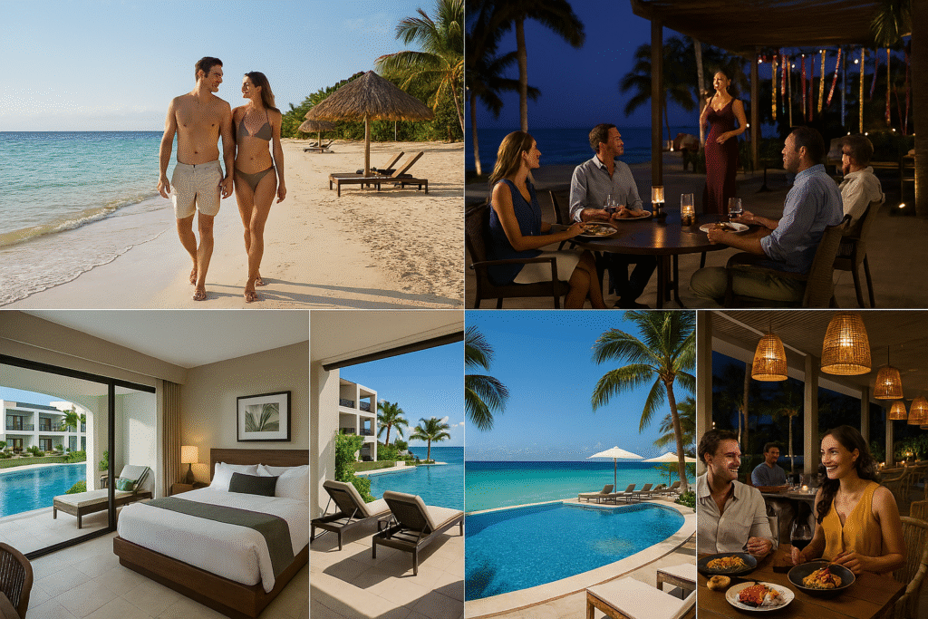 Collage of Secrets Wild Orchid Montego Bay showing adults-only beachfront, ocean-view suites, dining options, infinity pool, and evening entertainment at the resort.