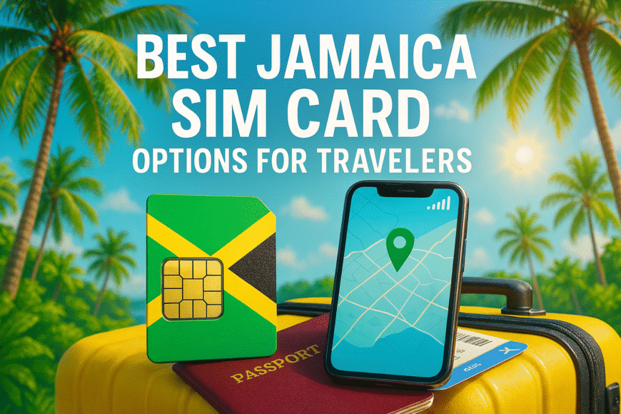 Jamaica SIM card with smartphone and travel documents against a tropical Jamaican background, highlighting the best SIM card options for travelers.
