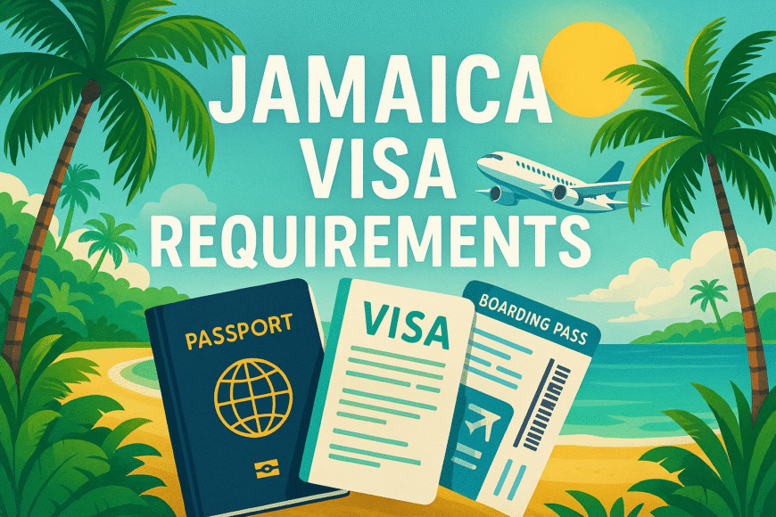 Colorful illustration of a passport, airplane, and travel documents with tropical Jamaican background and headline "Jamaica Visa Requirements 2026.
