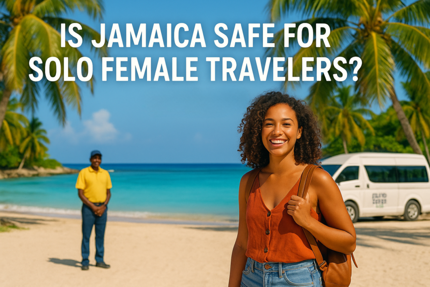 A confident solo female traveler with medium or light brown skin, curly or wavy hair, and a stylish summer outfit stands smiling on a tropical Jamaican beach with turquoise water and lush palm trees. In the background, a friendly local guide and a luxury van marked with the "Island Dream Tour" logo subtly indicate safety and support. The scene is sunlit, vibrant, and welcoming, styled like a modern travel magazine, with a clear space reserved for the text: "Is Jamaica Safe for Solo Female Travelers: Guide 2026.