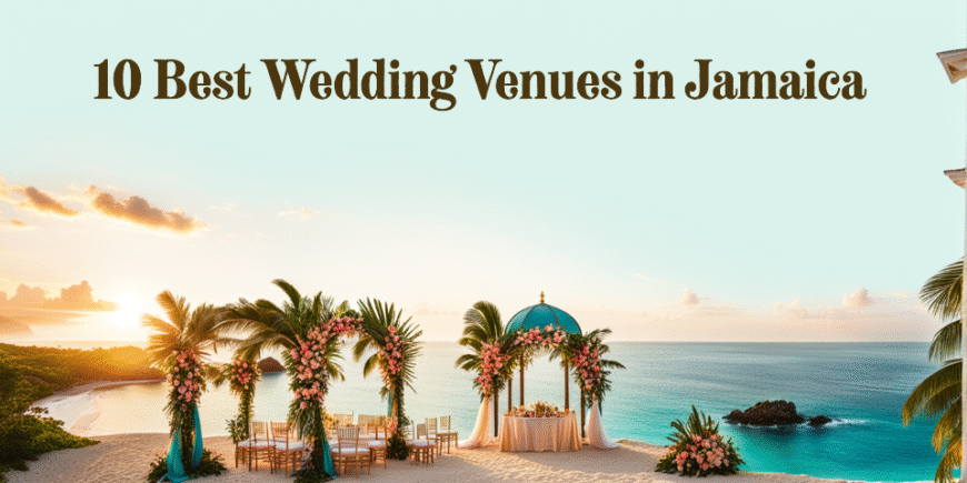 luxury beachfront wedding in Jamaica at sunset, with elegant floral arch, banquet tables, turquoise ocean, and tropical gardens — 10 Best Wedding Venues in Jamaica.