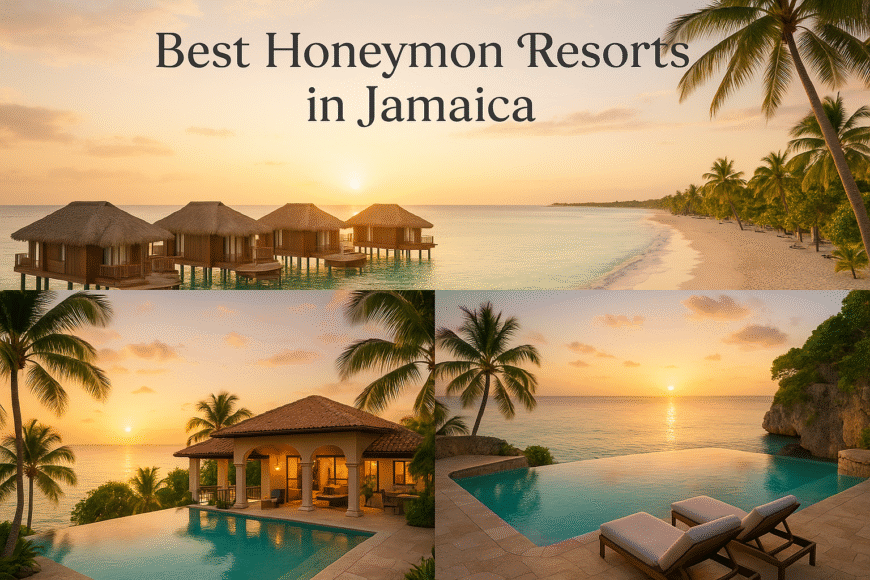 Collage of luxury beaches, villas, and overwater bungalows showcasing the Best Honeymoon Resorts in Jamaica for 2025.
