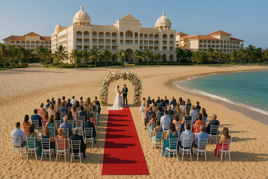 Iberostar Grand Rose Hall, one of the best wedding venues in Jamaica, with a grand beachfront wedding ceremony setup.