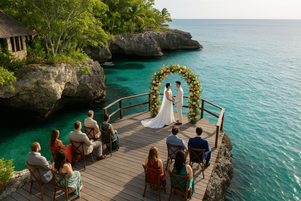 Rockhouse Hotel, a unique wedding venue in Jamaica, featuring a cliffside ceremony over the Caribbean Sea.