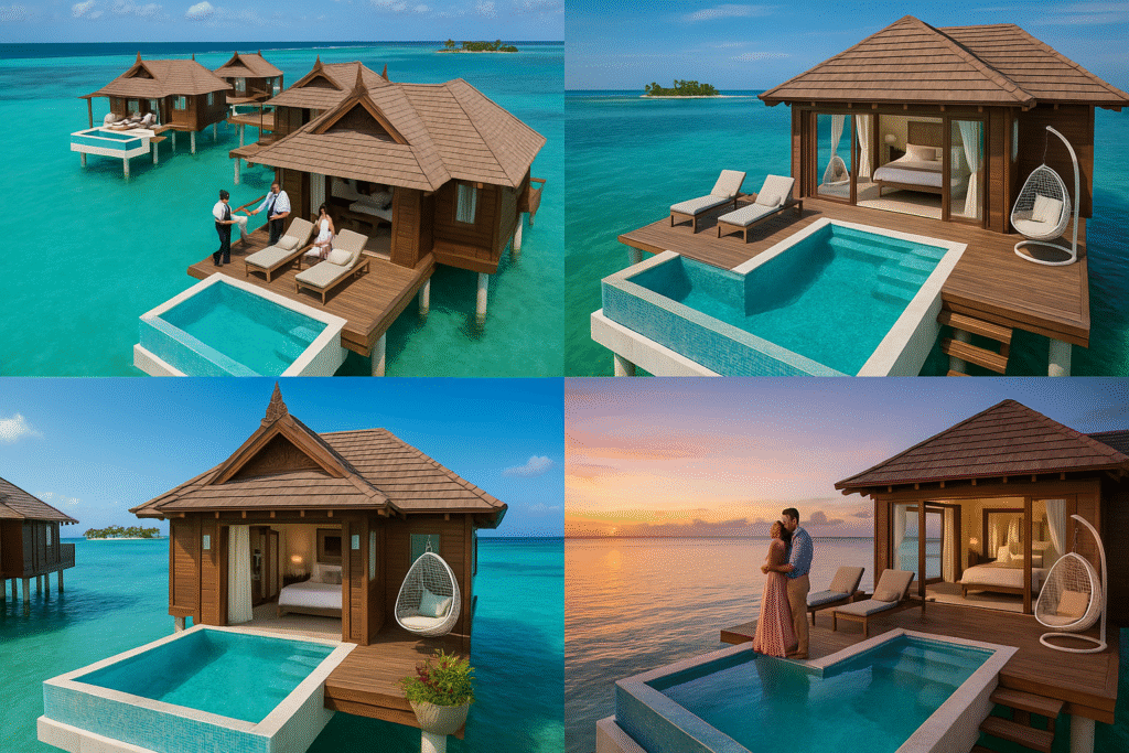Overwater villas at Sandals Royal Caribbean Montego Bay, showcasing luxury Jamaica honeymoon resorts and all inclusive Jamaica honeymoon packages.
