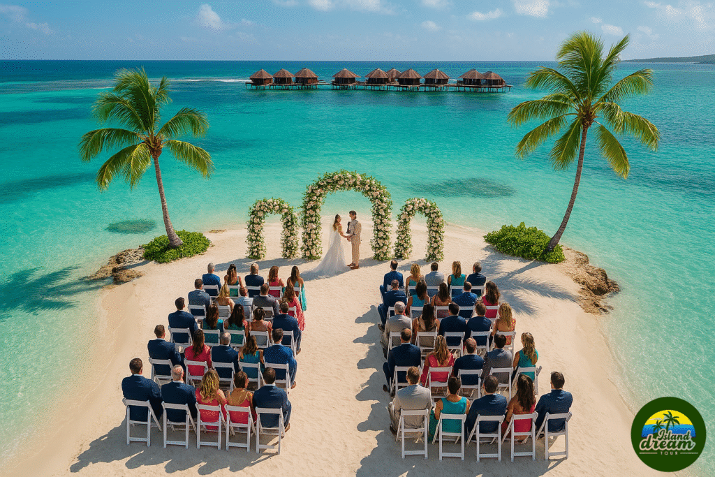 Sandals Royal Caribbean, one of the best wedding venues in Jamaica, features a private island wedding ceremony over turquoise waters.
