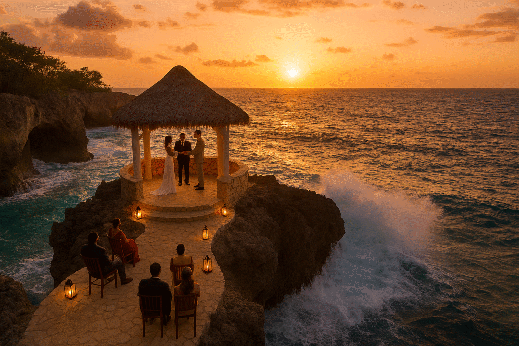 The Caves, a top wedding venue in Jamaica, shows a romantic cliffside ceremony with Caribbean sunset views.