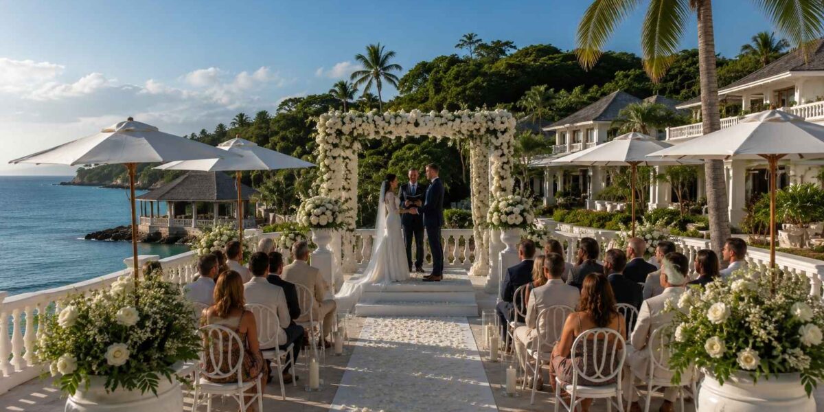 Elegant oceanfront wedding at Round Hill Hotel and Villas, one of the best Jamaica destination wedding venues 