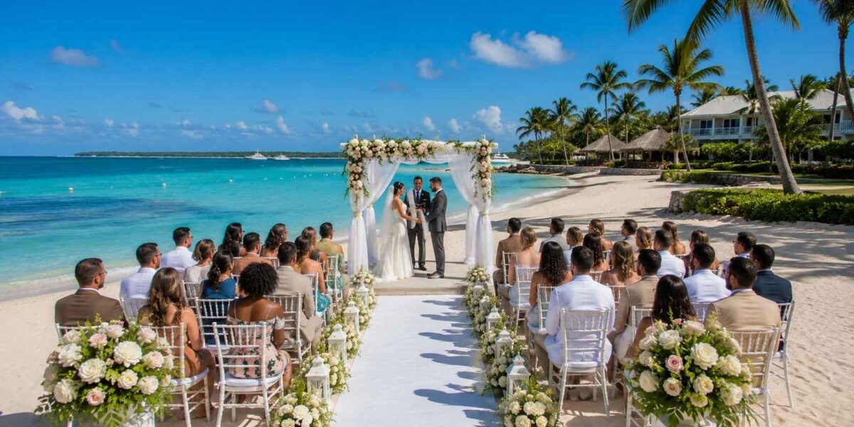 Beachfront wedding ceremony at Sandals Negril on Seven Mile Beach, one of the best Jamaica destination wedding venues 