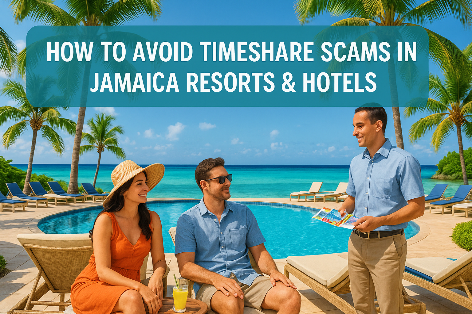 Luxury resort in Jamaica with tourists relaxing by the pool while avoiding timeshare sales pitches, featuring blog title “How to Avoid Timeshare Scams in Jamaica Resorts & Hotels” under a shaded bar.