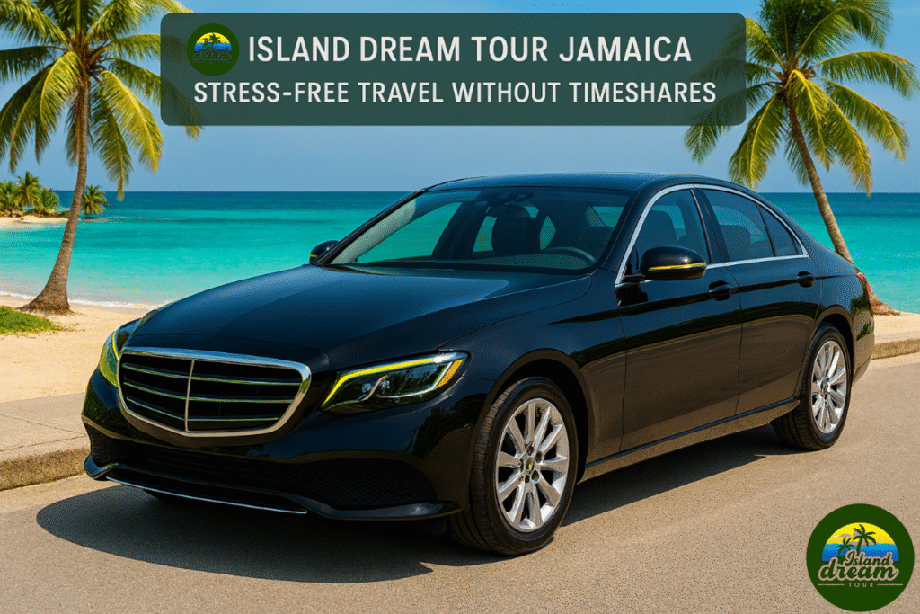 Photo-realistic image of a luxury car parked by a beautiful Jamaican beach, symbolizing stress-free travel with Island Dream Tour Jamaica, in green and yellow brand colors.