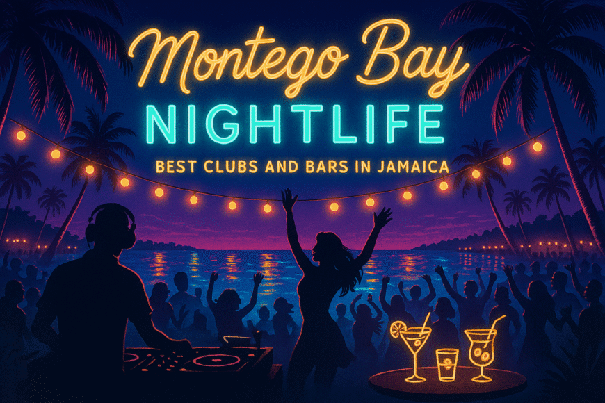 Montego Bay nightlife scene with oceanfront clubs, DJ, cocktails, and neon lights.