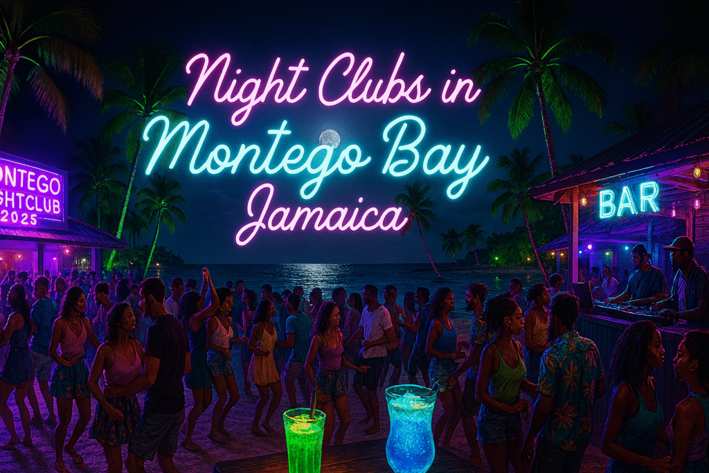 Photo-realistic scene of Montego Bay Jamaica nightclubs in 2025 with beach parties, DJs, and glowing neon lights by the sea.