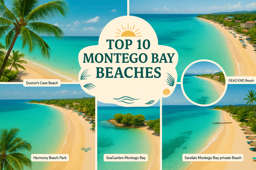 Collage of the Top 10 Montego Bay Beaches – Best Spots for 2025 Trips featuring Doctor’s Cave, Cornwall Beach Montego Bay, Sea Garden Montego Bay, and more.