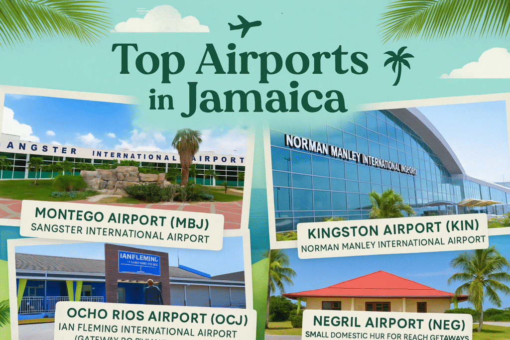 Collage of Jamaica airports including Montego Bay (MBJ), Kingston (KIN), Ocho Rios (OCJ), and Negril (NEG) with title Top International Airports in Jamaica for Smooth Travel.