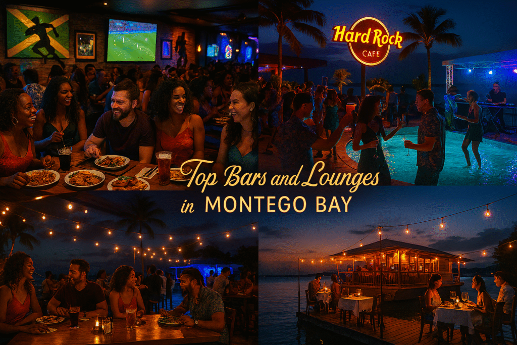 Collage of top bars and lounges in Montego Bay featuring Usain Bolt’s Tracks & Records, Hard Rock Café Montego Bay, and the Houseboat Grill on the water.