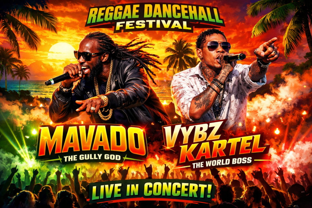 Poster of Mavado – The Gully God and Vybz Kartel – The World Boss performing at Reggae Sumfest 2026 with vibrant reggae colors and crowd.