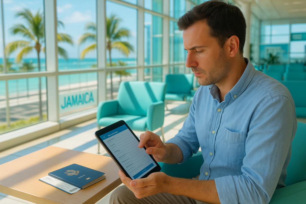 Traveler filling out the Jamaica entry form online with passport and boarding pass at the airport