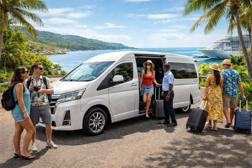 Guests arriving at a private villa in Jamaica after an airport transfer