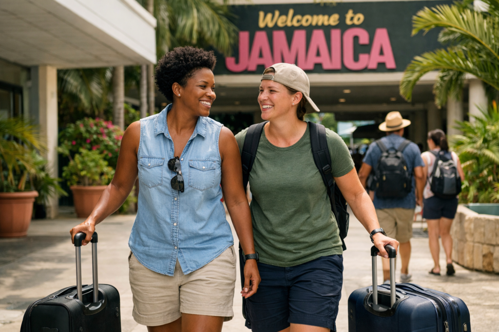 Same-gender couple arriving in Jamaica and walking with luggage after airport pickup