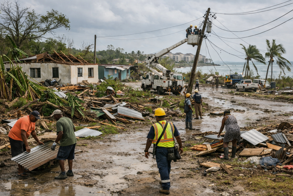 Residential and infrastructure damage in Jamaica following Hurricane Melissa, showing roof loss, debris, and early recovery efforts