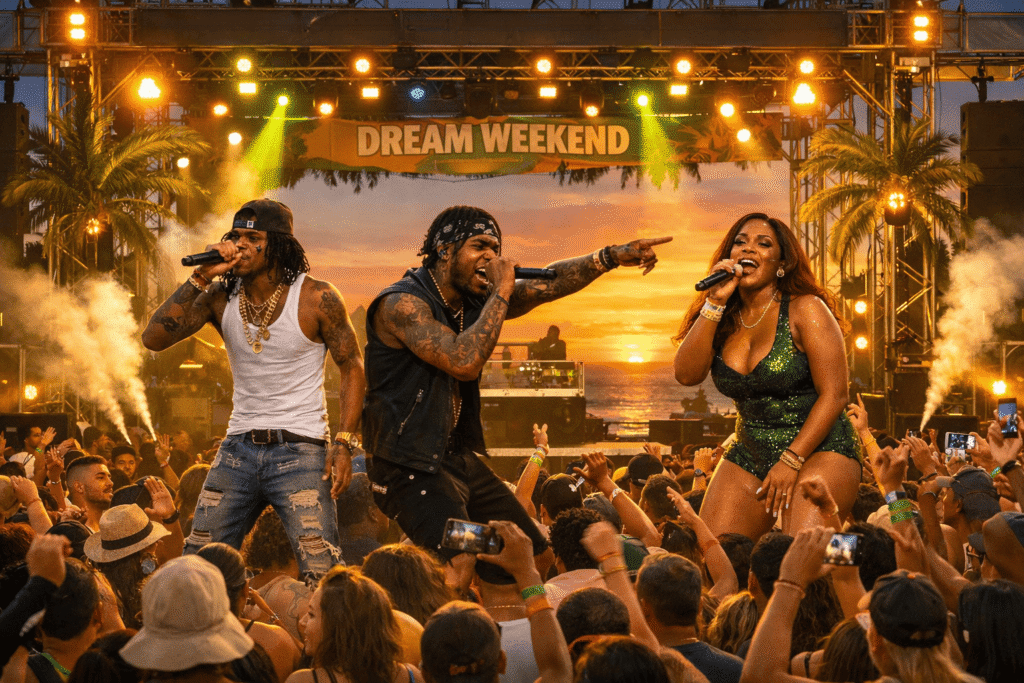 Crowd enjoying live performances at Dream Weekend Jamaica 2026 in Montego Bay, featuring Dancehall and Reggae artists on stage, beach, sunset, and tropical festival decorations