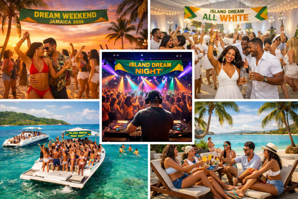 Collage of top events at Dream Weekend Jamaica 2026 including sunset beach party, all-white party, boat party, nightlife with DJs, and daytime beach lounging in Montego Bay