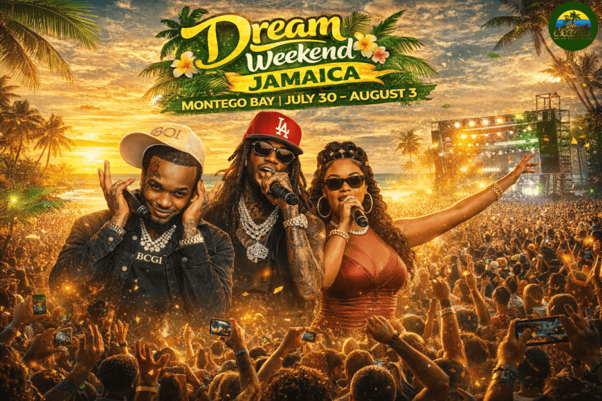 Crowd enjoying Dream Weekend Jamaica in Montego Bay with Dancehall and Reggae performers Tommy Lee Sparta, Alkaline, and Shaneil Muir on stage, colorful tropical festival lights and palm trees in the background