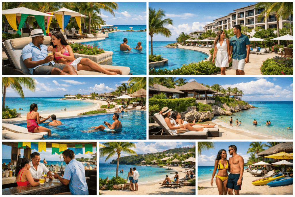 Luxury resorts and hotels in Montego Bay, Jamaica for Dream Weekend 2026, showing pools, tropical landscaping, beachfront views, and guests enjoying the resort amenities