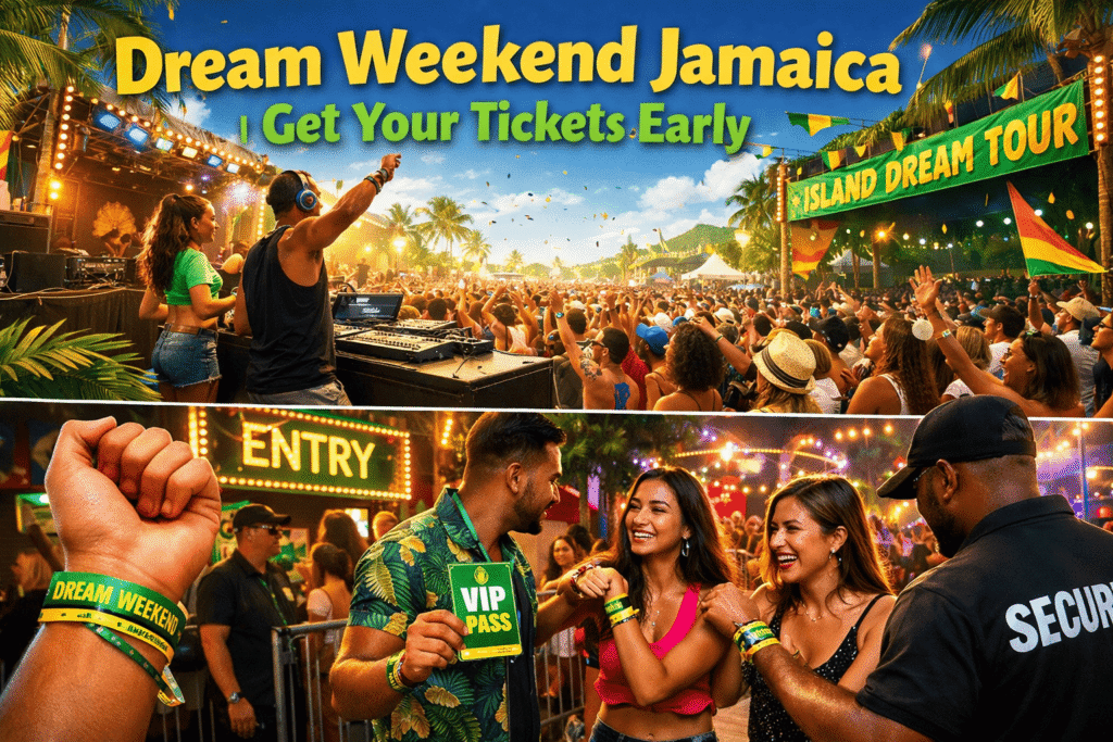 Crowd enjoying Dream Weekend Jamaica festival in Montego Bay, with wristbands for entry, live DJs, tropical decorations, and natural festival atmosphere