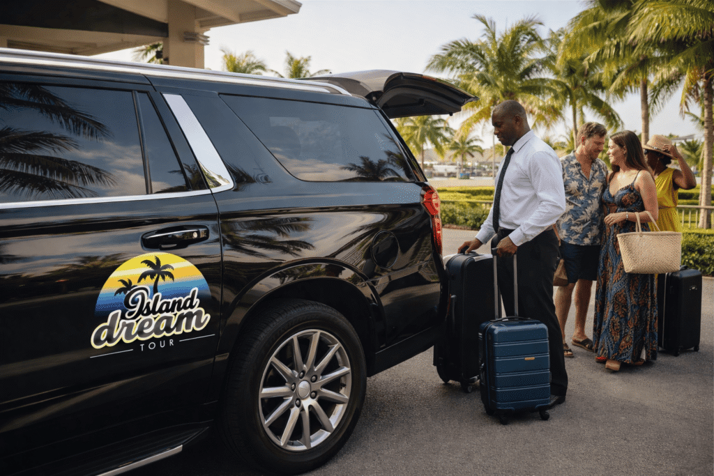 Luxury airport transfer vehicle with Island Dream Tour logo in Montego Bay, Jamaica, showing driver assisting travelers with luggage near a resort or airport pickup area