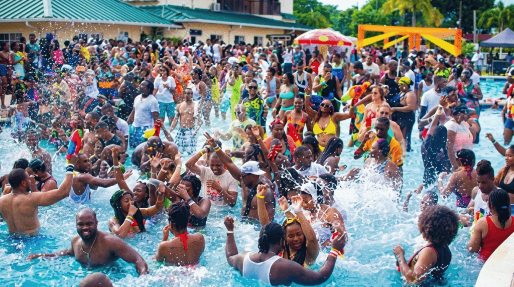 Beach party crowd at Dream Weekend Jamaica 2026 in Montego Bay with dancehall music lights and lively nightlife atmosphere
