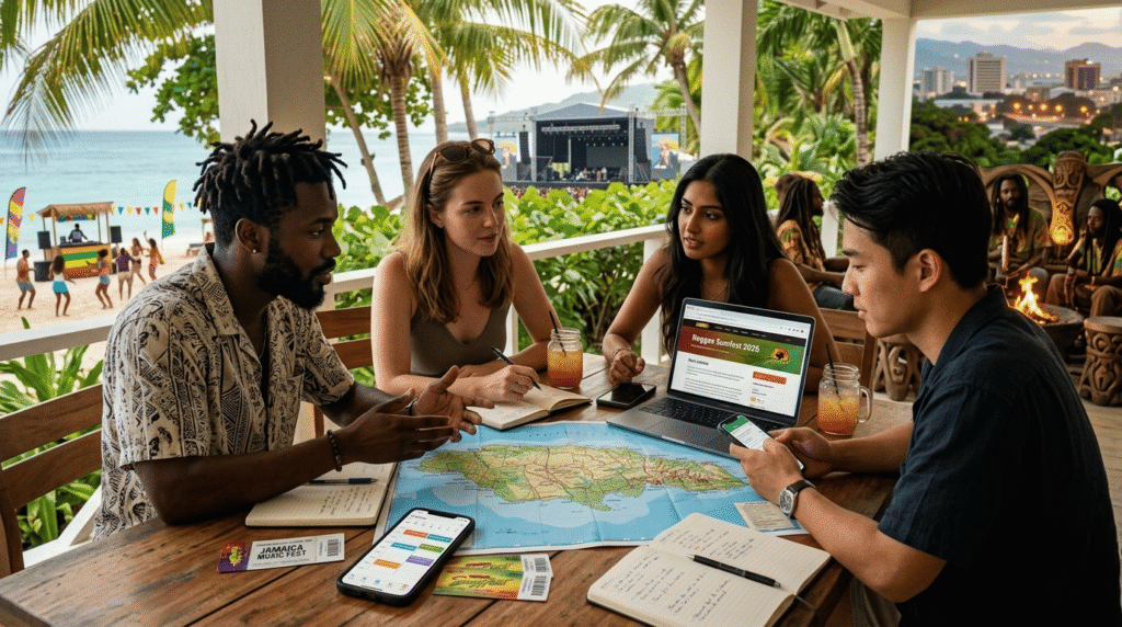 Travelers planning concerts in Jamaica using maps and tickets showing different festival options like reggae, dancehall, and beach party events in a tropical setting.