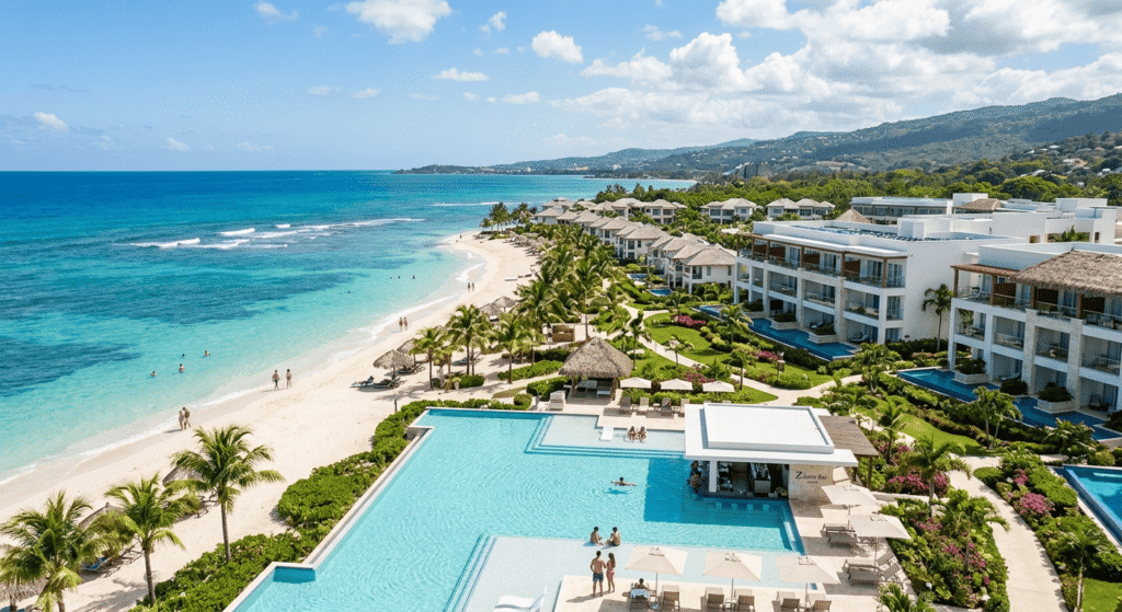 Oceanfront view of Hyatt Zilara Rose Hall in Montego Bay, Jamaica with quiet pools, private beach, and tropical landscaping, reflecting a calm and upscale atmosphere.