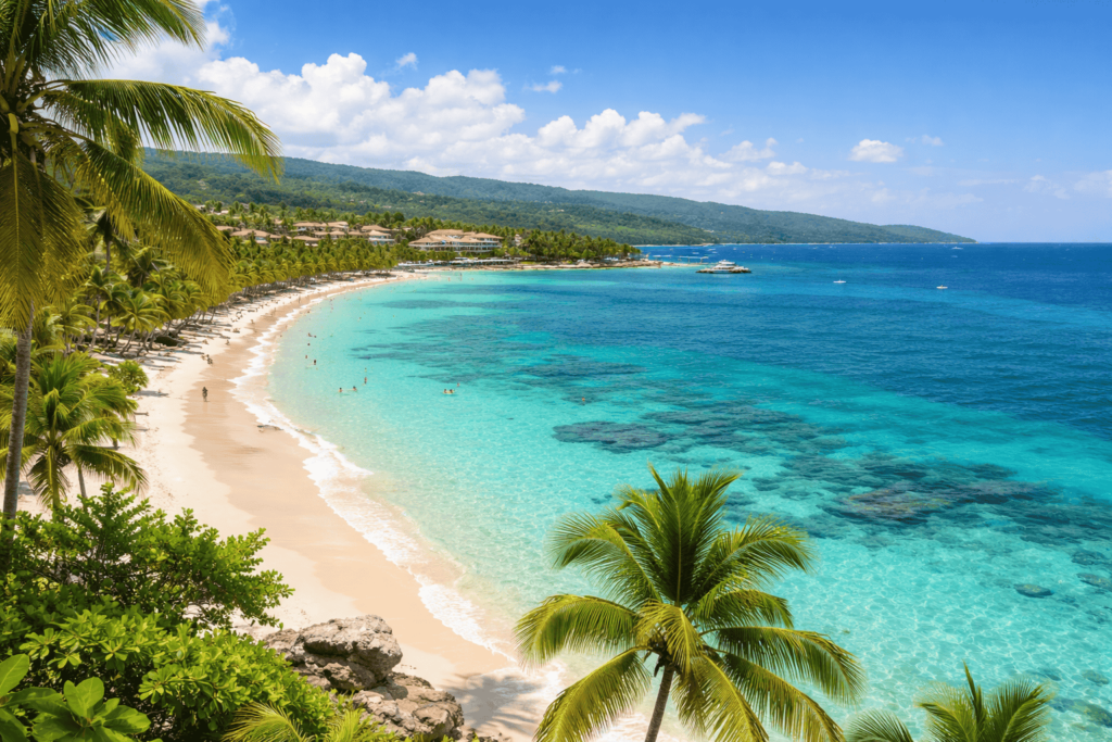 Panoramic view of Montego Bay, Jamaica with turquoise waters, white sand beaches, palm trees, and distant resorts, highlighting its appeal as a spring break destination.