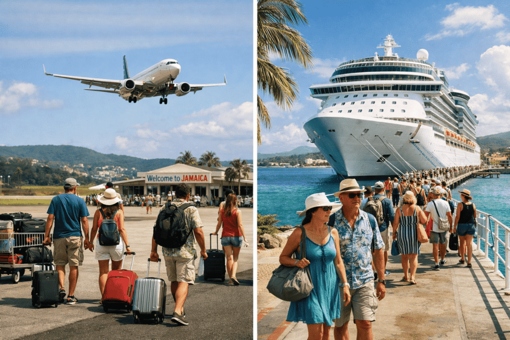 Comparison of tourists arriving in Jamaica via airplane and cruise ship for a jamaica travel requirements guide.