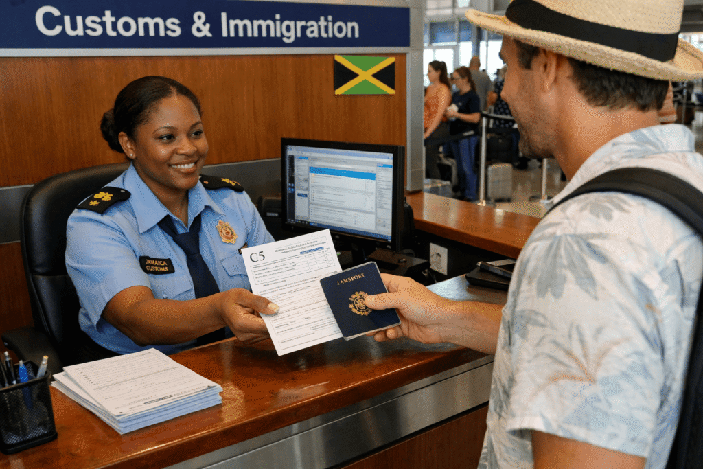 A Jamaican customs officer smiles as she accepts a passport and a C5 entry form from a tourist at the desk.