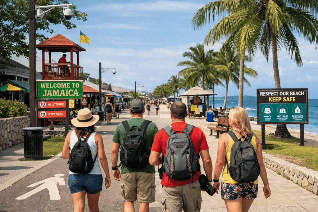 
Gemini said
Four tourists walk along a sunny beach boardwalk with safety signs, exploring if is Jamaica safe to travel for visitors.