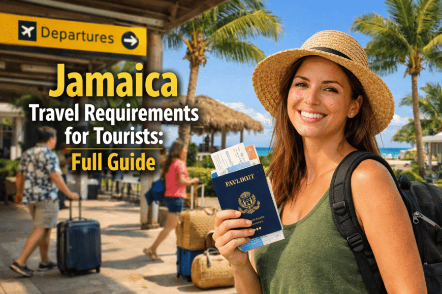 Traveler holding passport and travel documents with tropical Jamaica background, headline text “ Jamaica Travel Requirements for Tourists: Full Guide” visible.
