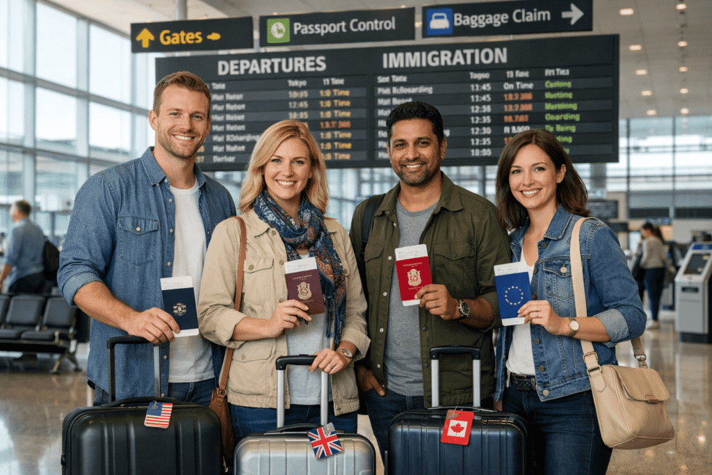 International travelers from the U.S., UK, Canada, and EU holding passports at an airport terminal preparing for travel to Jamaica.