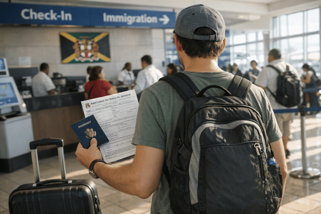 Traveler holding passport and visa documents at a Jamaican airport check-in counter with luggage, ready to travel.