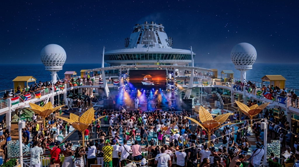 Live reggae performance on Welcome to Jamrock Reggae Cruise 2026 with crowd on ship deck and Jamaica port stop in background