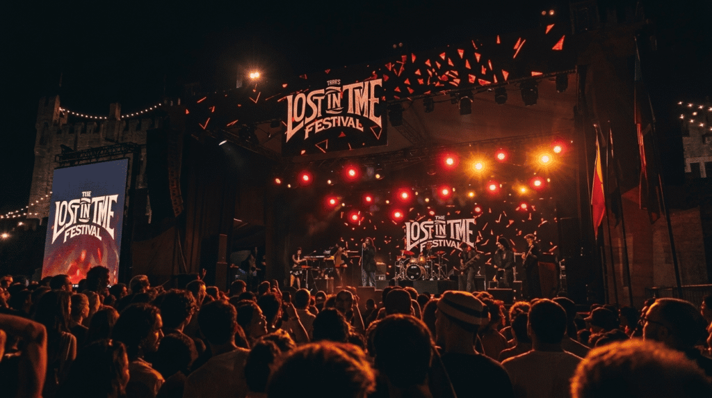 Modern crowd enjoying Lost in Time Festival Jamaica 2026 in Kingston with stylish stage lighting and multi genre music performance