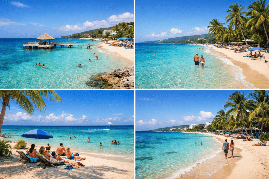 Montego Bay Spring Break collage of Doctor’s Cave Beach and Cornwall Beach with people enjoying the sand and ocean