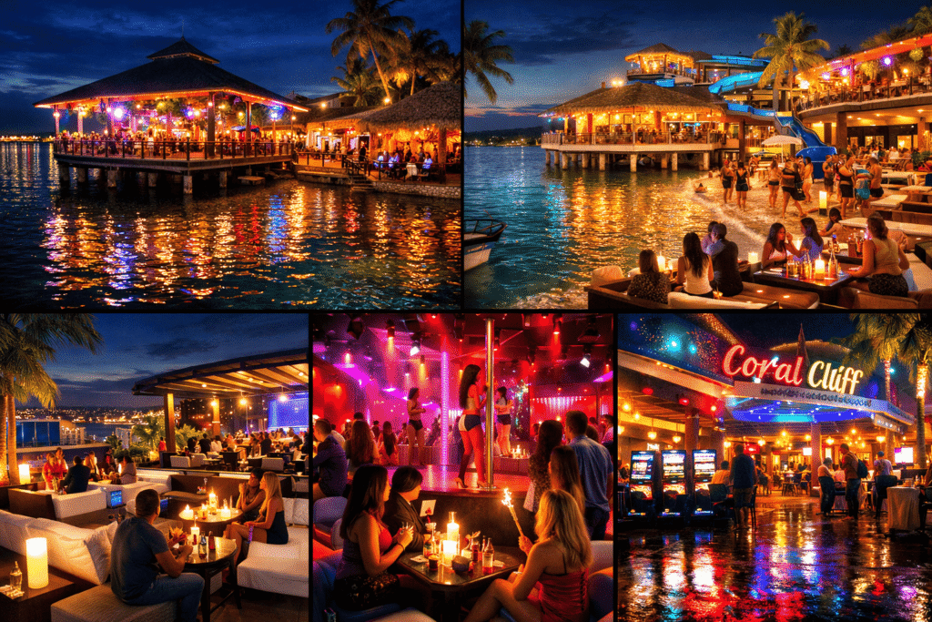 Montego Bay Spring Break nightlife collage featuring Pier 1, Margaritaville, Lounge 27/27, Taboo, and Coral Cliff