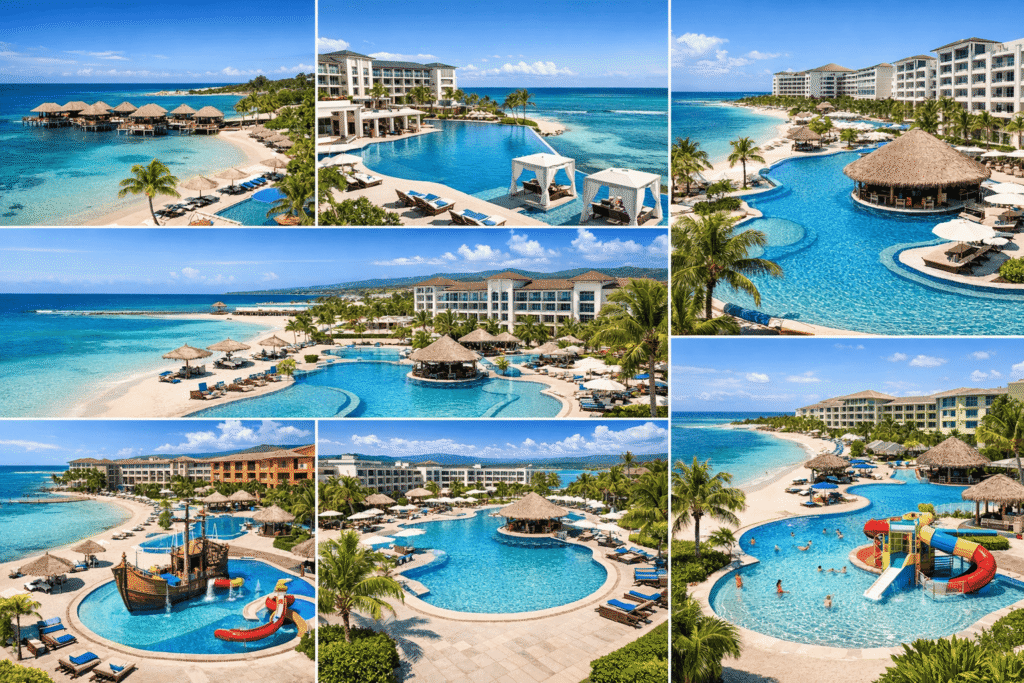 Montego Bay Spring Break collage of top resorts including Sandals, Hyatt Zilara, Hyatt Ziva, Iberostar, Princess Hotels, and Holiday Inn