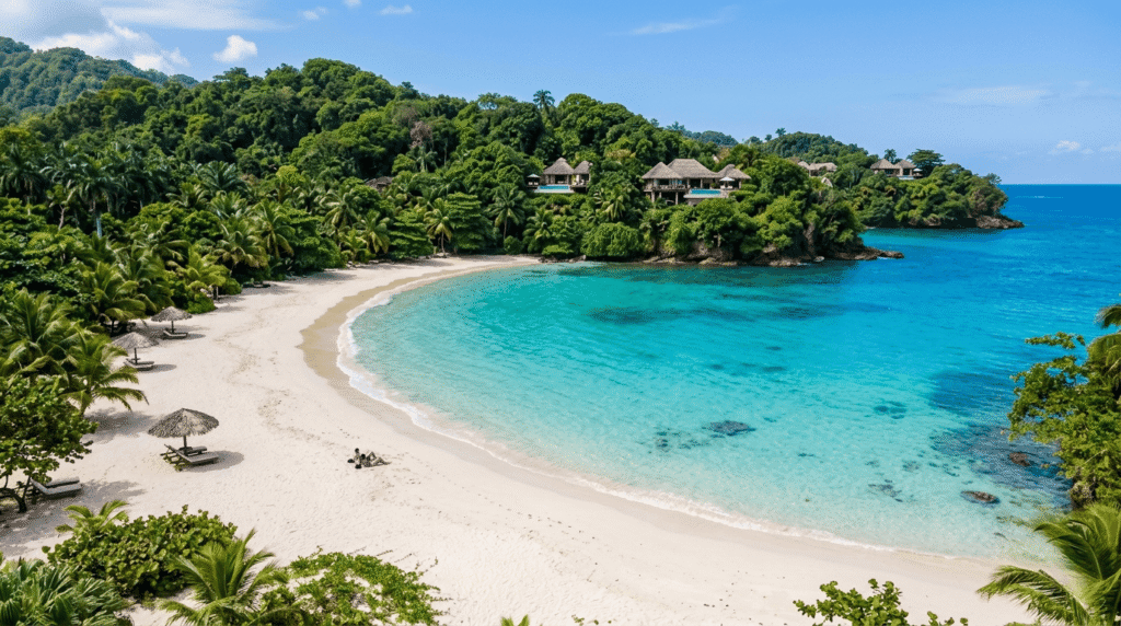 A tranquil beach in Port Antonio, Jamaica with turquoise waters, soft sand, palm trees, and distant boutique resorts, highlighting a quiet and luxurious atmosphere.