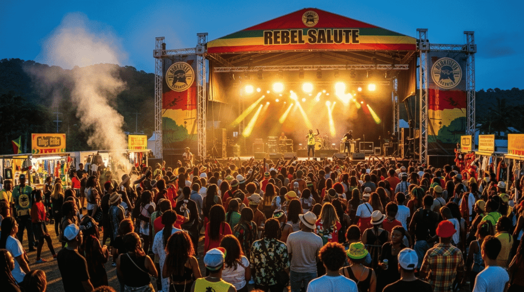 Live roots reggae performance at Rebel Salute 2026 in Priory St Ann Jamaica with cultural crowd and open air stage