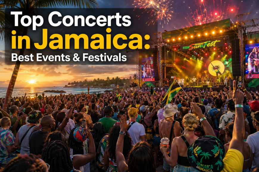 Crowd enjoying a live beachside reggae concert in Jamaica at sunset with stage lights, fireworks, and tropical ocean scenery under the headline “Top Concerts in Jamaica 2026: Best Events & Festivals”