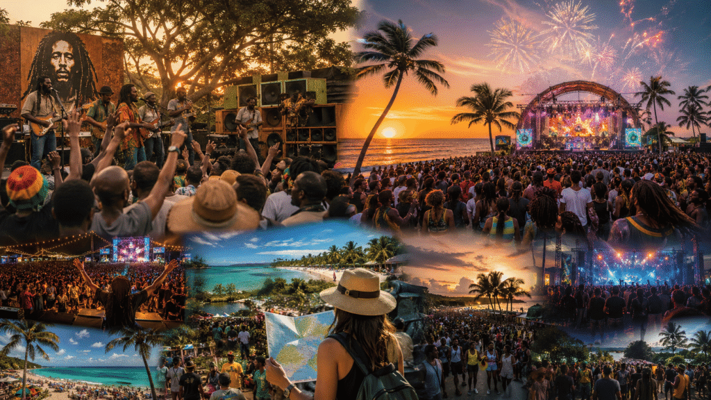 Collage showing Jamaica’s music culture with reggae concerts, beach festivals, and travel planning scenes highlighting live events and cultural music experiences across the island.